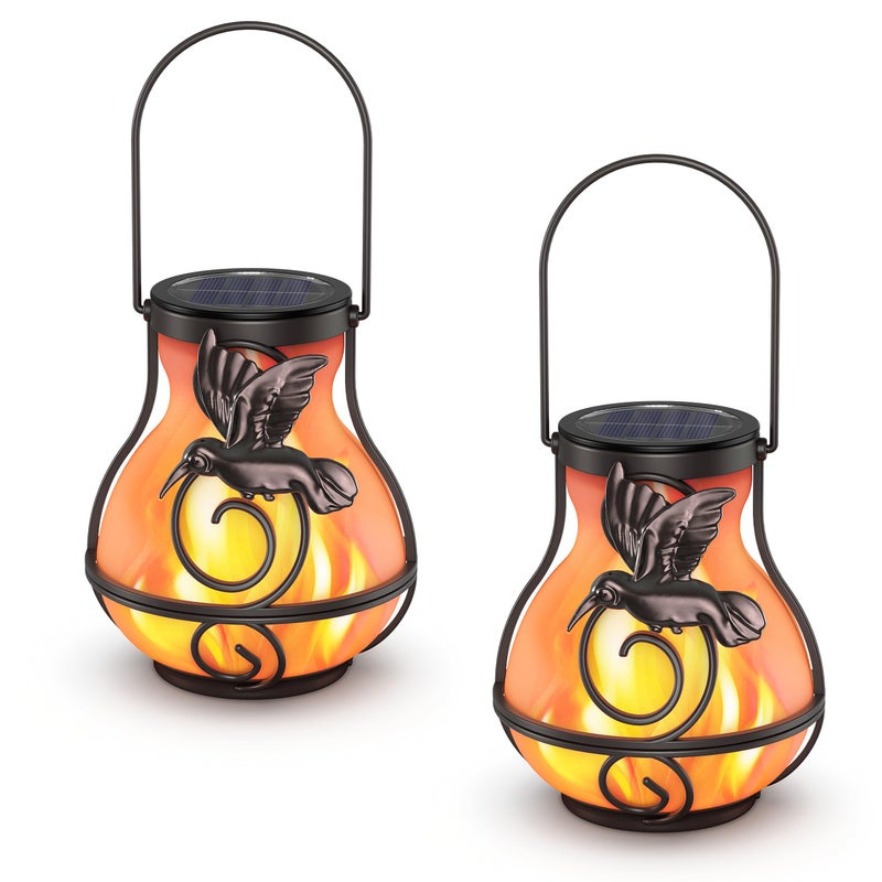 BETOLEAN 2 Pack Solar Lanterns Outdoor Waterproof, Hanging Hummingbird Flickering Flame Light Garden Decor Hanging Lights Decorative for Outside Patio Pathway Yard Christmas Birthday Gifts - Image 1