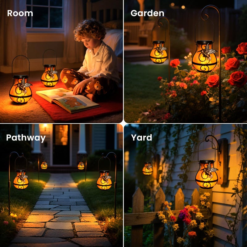 BETOLEAN 2 Pack Solar Lanterns Outdoor Waterproof, Hanging Hummingbird Flickering Flame Light Garden Decor Hanging Lights Decorative for Outside Patio Pathway Yard Christmas Birthday Gifts - Image 2