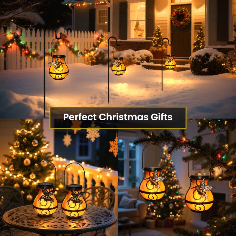 BETOLEAN 2 Pack Solar Lanterns Outdoor Waterproof, Hanging Hummingbird Flickering Flame Light Garden Decor Hanging Lights Decorative for Outside Patio Pathway Yard Christmas Birthday Gifts - Image 3
