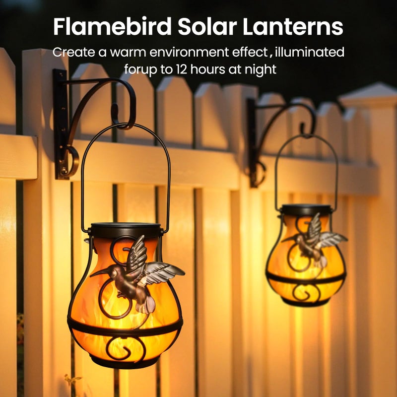 BETOLEAN 2 Pack Solar Lanterns Outdoor Waterproof, Hanging Hummingbird Flickering Flame Light Garden Decor Hanging Lights Decorative for Outside Patio Pathway Yard Christmas Birthday Gifts - Image 4
