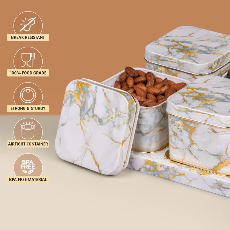 SELVEL Giving shape to life! Selvel Airtight Dry Fruit Container Tray Set with Lid & Serving Tray, Dry Fruit Box Set with Serving Tray for Serving Sweets, Chips, Cookies Other Snacks 4 Pieces, White  - Image 4