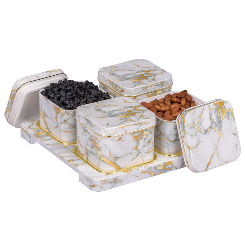 SELVEL Giving shape to life! Selvel Airtight Dry Fruit Container Tray Set with Lid & Serving Tray, Dry Fruit Box Set with Serving Tray for Serving Sweets, Chips, Cookies Other Snacks 4 Pieces, White  - Image 1