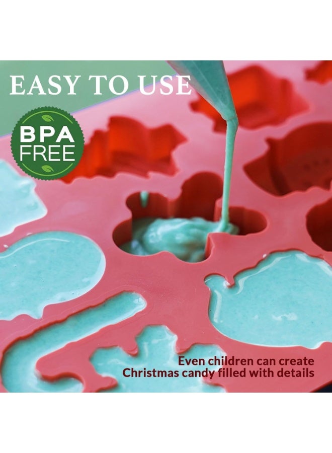 Skytail 14-Cavities Christmas Chocolate Mould Candy Baking, 3D Snowflake Cane Snowman Xmas Tree Gingerbread Man Santa Claus Gift Box Shape Mold for DIY Handmade Soap Candles Jelly Fondant, Gummy - Image 5