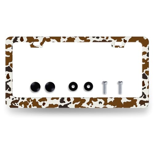 MUAWUOIK Brown Cows Print License Plate Frame Animal Spots License Plate Stainless Steel Funny Accessories Cars Decor 123 X 63 Inch with Holes and Screws Fits Standard Us Canada Vehicles - Image 1