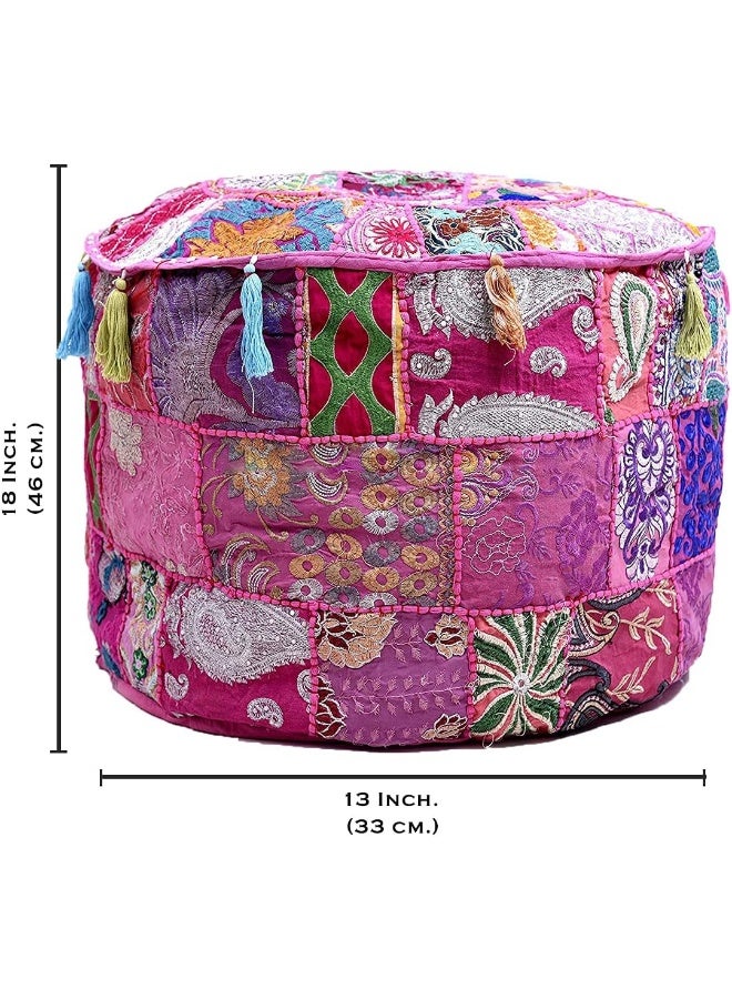 Aakriti Gallery Indian Pouf Footstool Ethnic Embroidered Pouf Cover, Indian Cotton Round Pouffe Ottoman Pouf Cover Pillow Ethnic Decor Art - Cover Only (Pink, 18X13) - Image 3