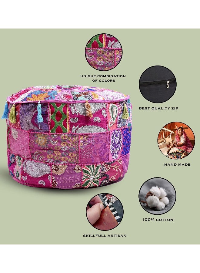 Aakriti Gallery Indian Pouf Footstool Ethnic Embroidered Pouf Cover, Indian Cotton Round Pouffe Ottoman Pouf Cover Pillow Ethnic Decor Art - Cover Only (Pink, 18X13) - Image 4