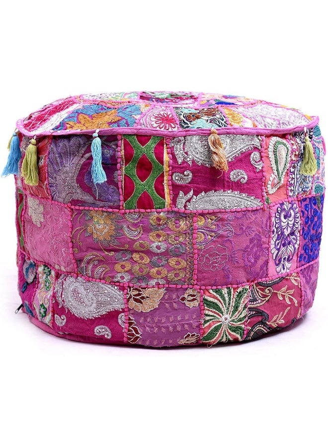 Aakriti Gallery Indian Pouf Footstool Ethnic Embroidered Pouf Cover, Indian Cotton Round Pouffe Ottoman Pouf Cover Pillow Ethnic Decor Art - Cover Only (Pink, 18X13) - Image 1