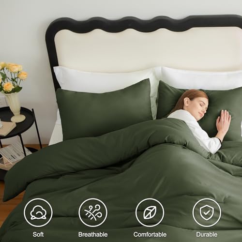 CozyLux Full Size Comforter Set Olive Green, 3 Pieces Solid Breathable Quilted Bedding Sets, Luxury Lightweight Soft Bed Set with Down Alternative Comforter and 2 Pillowcases for All Seasons - Image 5