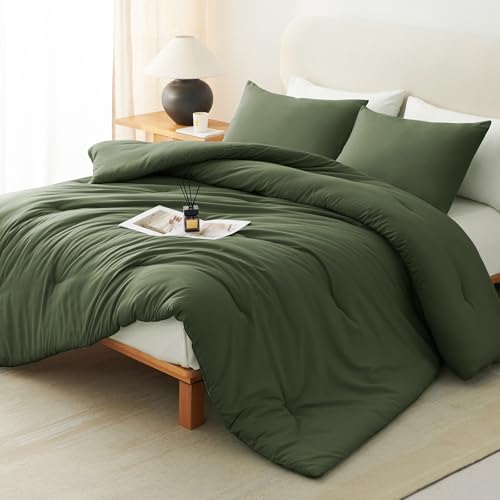 CozyLux Full Size Comforter Set Olive Green, 3 Pieces Solid Breathable Quilted Bedding Sets, Luxury Lightweight Soft Bed Set with Down Alternative Comforter and 2 Pillowcases for All Seasons - Image 1