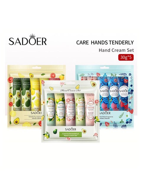 Hand cream set consisting of 3 sachets of 5 pieces, with extracts of fruits, colorful flowers and plants, to moisturize hands, 450 grams