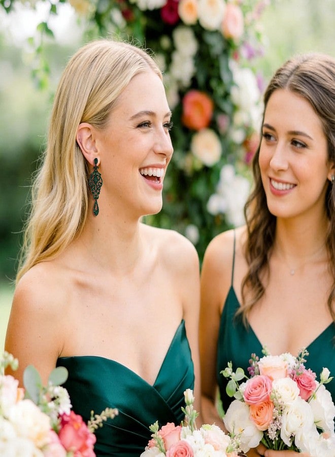 Flyonce Emerald Green Earrings for Women, Sparkly Vintage Rhinestone Crystal Drop Dangle Chandelier Earring Wedding Party Jewelry for Brides Bridal - Image 3