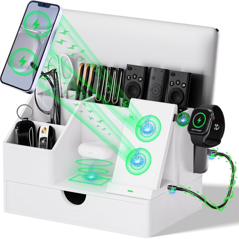 LADSTAG Sleek White PU Leather Charging Station with Drawer - 6-in-1 Multi-Device Desktop Organizer Docking Hub for iPad, Tablet, Laptop, Phone, Watch, Office Home Gift Idea - Image 1