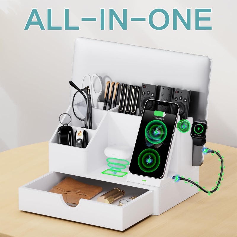 LADSTAG Sleek White PU Leather Charging Station with Drawer - 6-in-1 Multi-Device Desktop Organizer Docking Hub for iPad, Tablet, Laptop, Phone, Watch, Office Home Gift Idea - Image 4