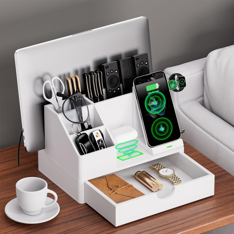 LADSTAG Sleek White PU Leather Charging Station with Drawer - 6-in-1 Multi-Device Desktop Organizer Docking Hub for iPad, Tablet, Laptop, Phone, Watch, Office Home Gift Idea - Image 3