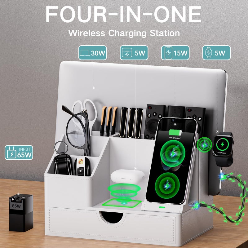 LADSTAG Sleek White PU Leather Charging Station with Drawer - 6-in-1 Multi-Device Desktop Organizer Docking Hub for iPad, Tablet, Laptop, Phone, Watch, Office Home Gift Idea - Image 2