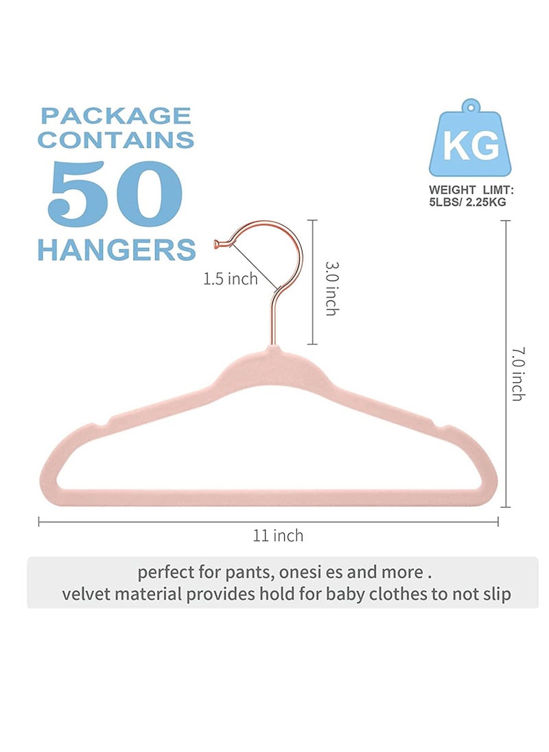 50-Pack Pink Color Baby Velvet Hangers 11Inch - Nursery Clothes Hangers Non-Slip Toddler Hangers, 360 Chrome Rose-Gold Hook.