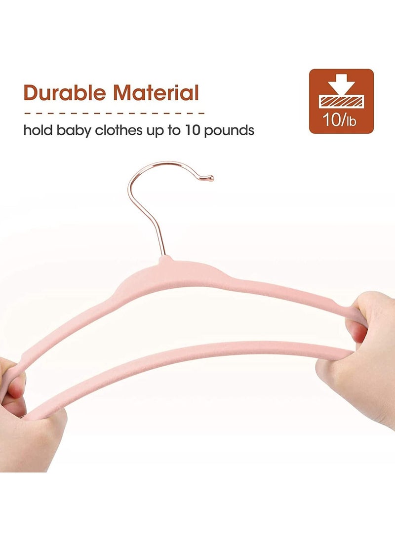 50-Pack Pink Color Baby Velvet Hangers 11Inch - Nursery Clothes Hangers Non-Slip Toddler Hangers, 360 Chrome Rose-Gold Hook.