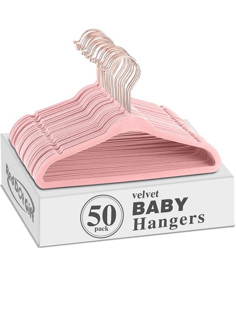 50-Pack Pink Color Baby Velvet Hangers 11Inch - Nursery Clothes Hangers Non-Slip Toddler Hangers, 360 Chrome Rose-Gold Hook.