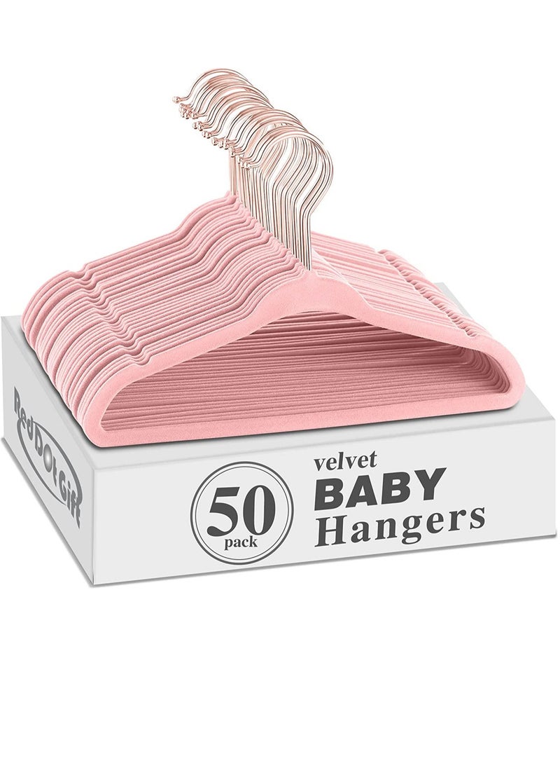50-Pack Pink Color Baby Velvet Hangers 11Inch - Nursery Clothes Hangers Non-Slip Toddler Hangers, 360 Chrome Rose-Gold Hook.