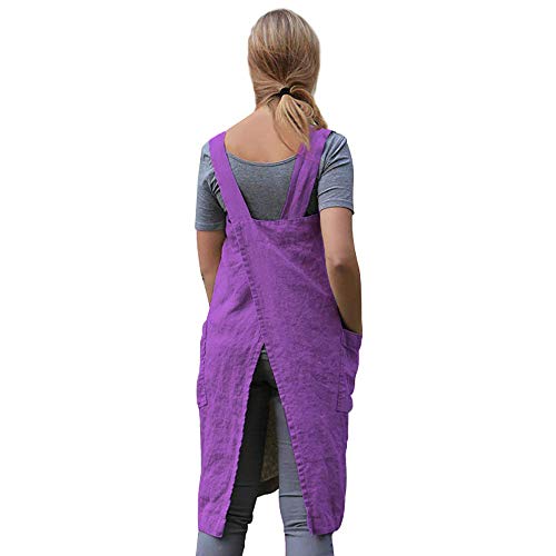 Larmliss Women's Pinafore Square Apron Baking Cooking Gardening Works Cross Back Cotton/Linen Blend Dress with 2 Pockets Purple-M - Image 5