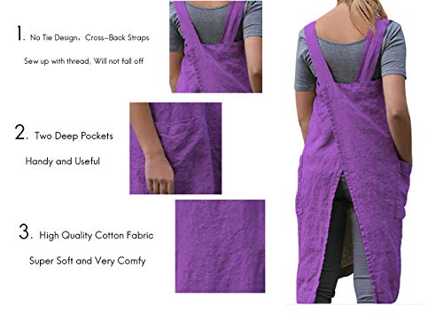 Larmliss Women's Pinafore Square Apron Baking Cooking Gardening Works Cross Back Cotton/Linen Blend Dress with 2 Pockets Purple-M - Image 3