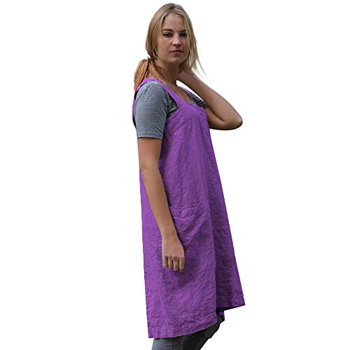 Larmliss Women's Pinafore Square Apron Baking Cooking Gardening Works Cross Back Cotton/Linen Blend Dress with 2 Pockets Purple-M - Image 4
