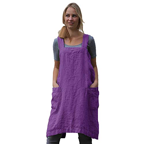 Larmliss Women's Pinafore Square Apron Baking Cooking Gardening Works Cross Back Cotton/Linen Blend Dress with 2 Pockets Purple-M - Image 1
