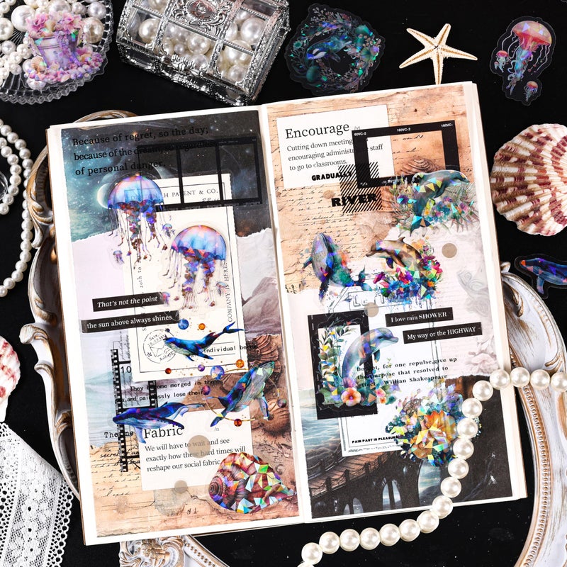 YOKSAS 120Pcs Holographic Sea Animal Stickers - Transparent Ocean Life Decals Featuring Jellyfish, Seahorses, Dolphins, Whales, Conch Shells for Scrapbooking, Journals, Resin Art Projects - Image 5