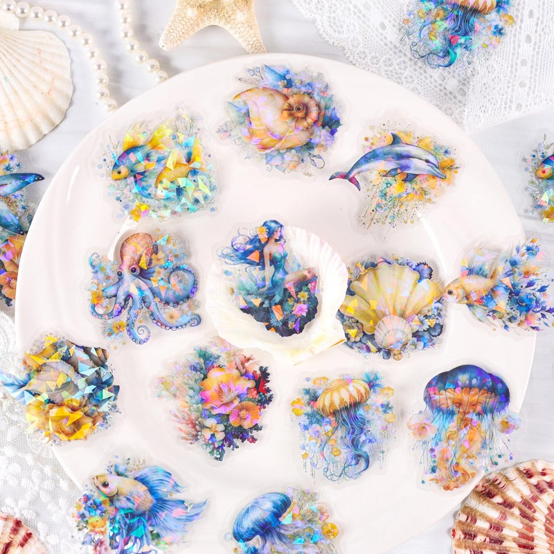 YOKSAS 120Pcs Holographic Sea Animal Stickers - Transparent Ocean Life Decals Featuring Jellyfish, Seahorses, Dolphins, Whales, Conch Shells for Scrapbooking, Journals, Resin Art Projects - Image 2