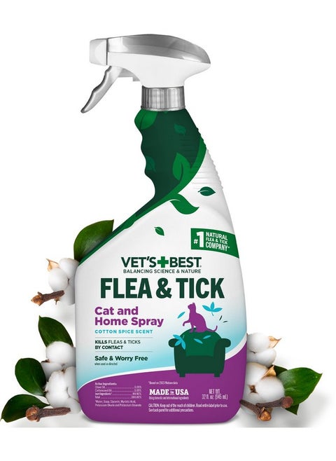 Vet’s Best Flea & Tick Home Spray for Cats - Cotton Spice Scent Cat Flea & Tick Aid - Made in The USA - Flea & Tick Gentle Mist for Cats - 32 oz
