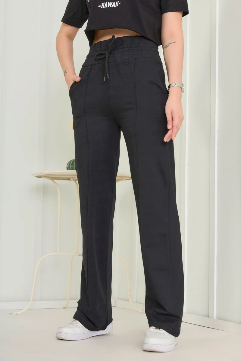 Tofisa Plain Mid Women's Black High Waist Wide Leg Sweatpants - 22383