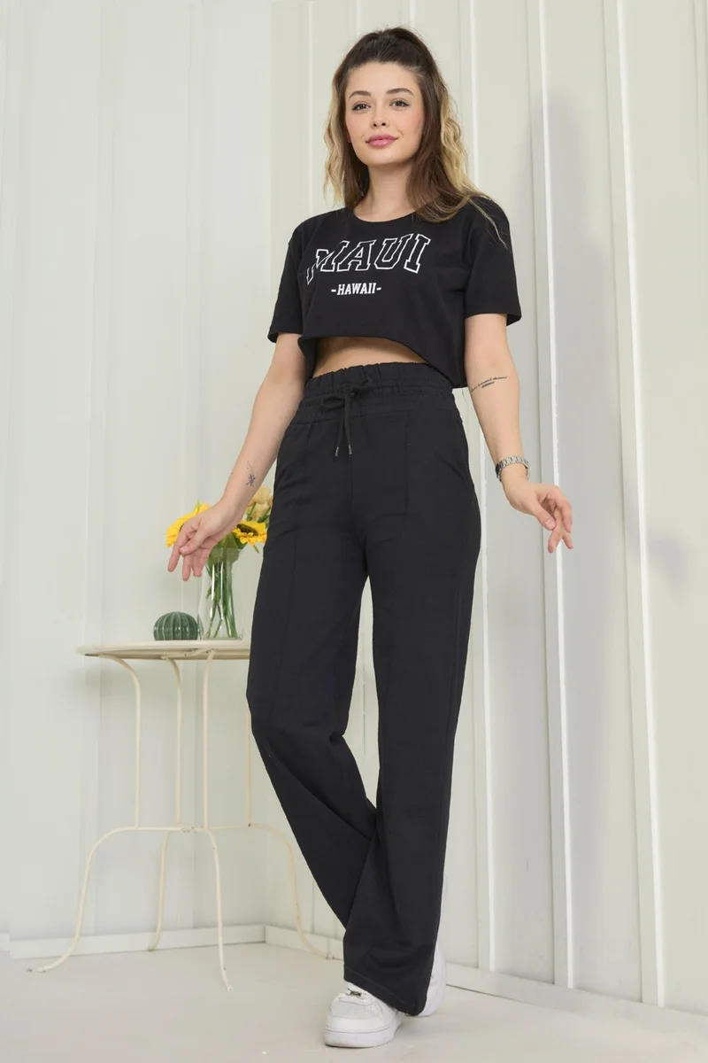 Tofisa Plain Mid Women's Black High Waist Wide Leg Sweatpants - 22383