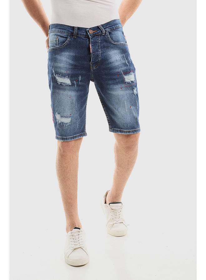 WHITE RABBIT Red Ripped Framing Stitched Dark Washed Jeans Shorts  - Image 1