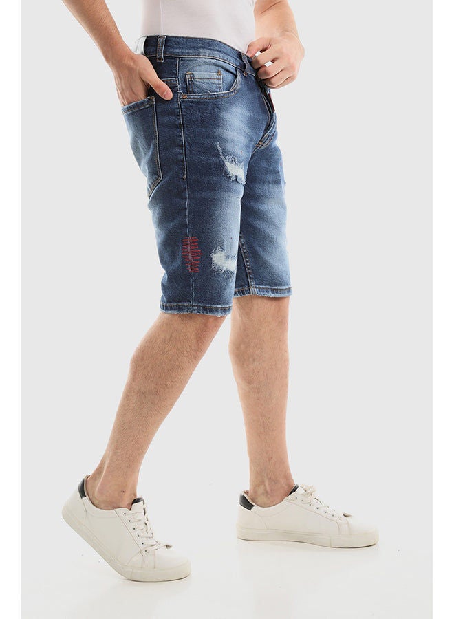 WHITE RABBIT Red Ripped Framing Stitched Dark Washed Jeans Shorts  - Image 2