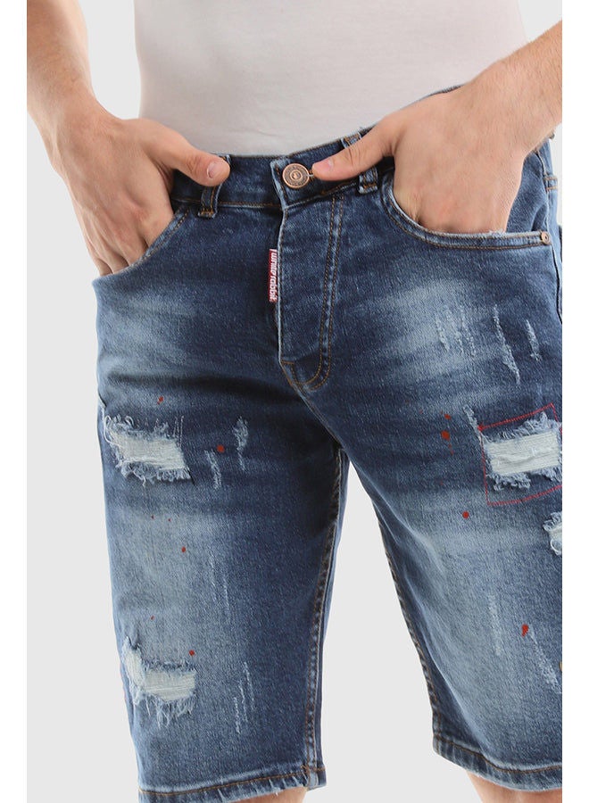 WHITE RABBIT Red Ripped Framing Stitched Dark Washed Jeans Shorts  - Image 4