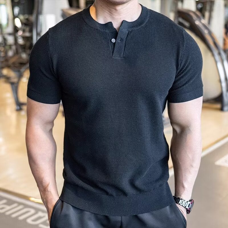 Pineapple Pattern Stitching Texture Casual Simple Men'S Henley Collar T-Shirt Pure Color Loose Versatile Short-Sleeved Knitwear - Image 3