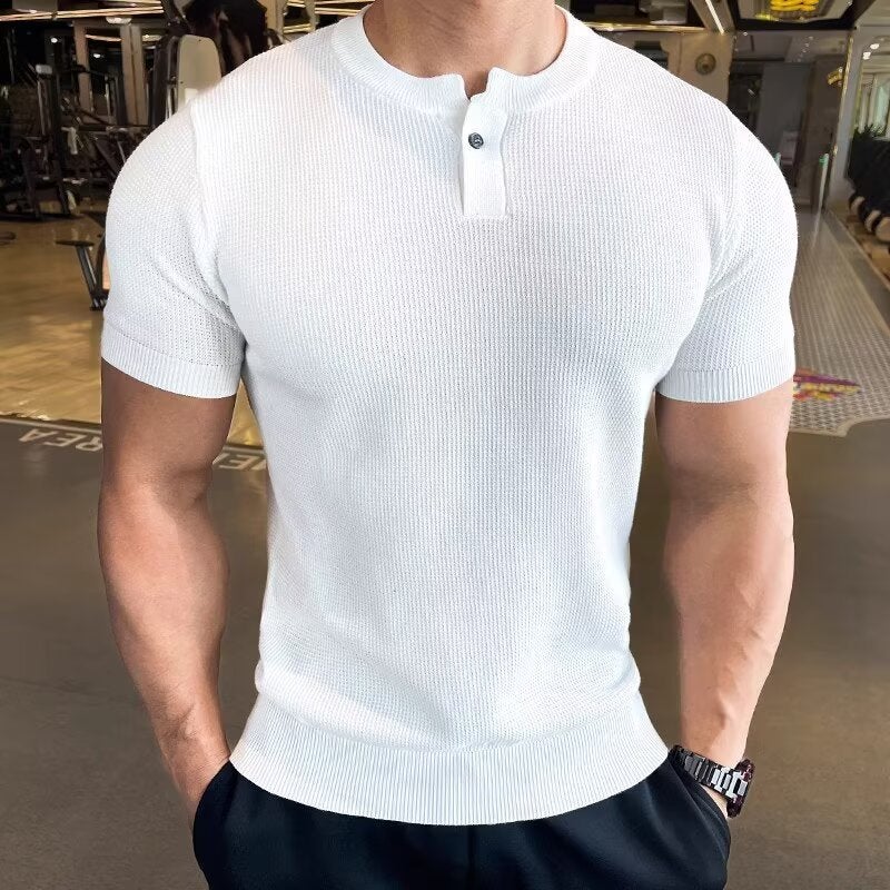 Pineapple Pattern Stitching Texture Casual Simple Men'S Henley Collar T-Shirt Pure Color Loose Versatile Short-Sleeved Knitwear - Image 2