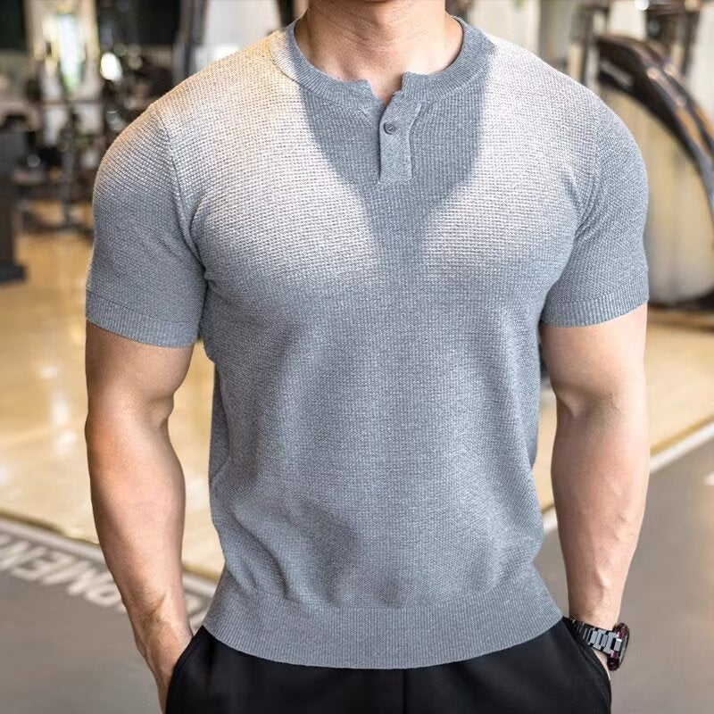 Pineapple Pattern Stitching Texture Casual Simple Men'S Henley Collar T-Shirt Pure Color Loose Versatile Short-Sleeved Knitwear - Image 5