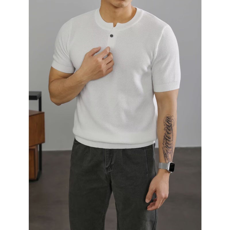 Pineapple Pattern Stitching Texture Casual Simple Men'S Henley Collar T-Shirt Pure Color Loose Versatile Short-Sleeved Knitwear - Image 1