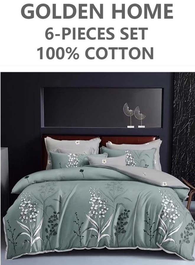 GOLDEN HOME 6-Piece Printed Combination King Size Duvet Cover Set  Includes 1xFitted Bedsheet 200x200+30cm, 1xDuvet Cover 220x240 cm, 2xPillowcase 55x80cm, 2xCushion Case 45x70cm Cotton