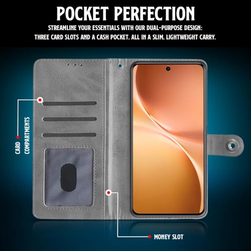 WOW IMAGINE Shock Proof Flip Cover Back Case for Vivo V60 5G | V60e 5G | Vivo T4 Pro 5G (Magnetic Button Flip Case | Wallet Pockets & Stand | Leather Finish | Stone Grey) - Image 3