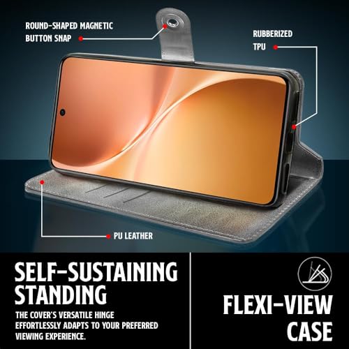 WOW IMAGINE Shock Proof Flip Cover Back Case for Vivo V60 5G | V60e 5G | Vivo T4 Pro 5G (Magnetic Button Flip Case | Wallet Pockets & Stand | Leather Finish | Stone Grey) - Image 5