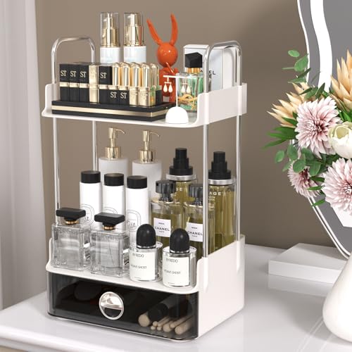DTUQYX Bathroom Counter Organizer 2 Tiered Organizer Countertop with Drawer Makeup and Skincare Storage for Vanity Desktop Bathroom White - Image 1