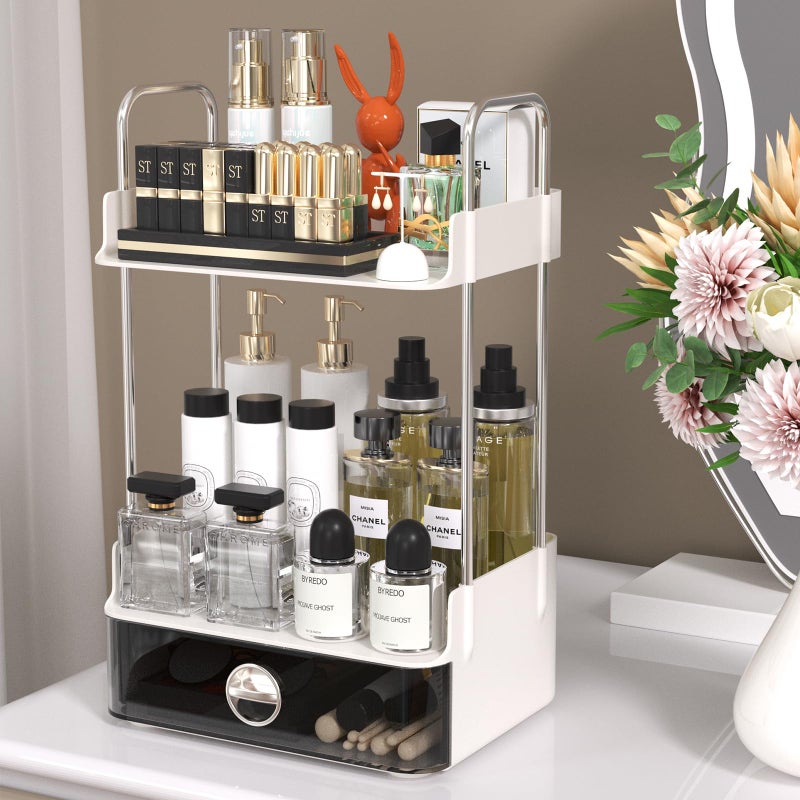 DTUQYX Bathroom Counter Organizer 2 Tiered Organizer Countertop with Drawer Makeup and Skincare Storage for Vanity Desktop Bathroom White - Image 2