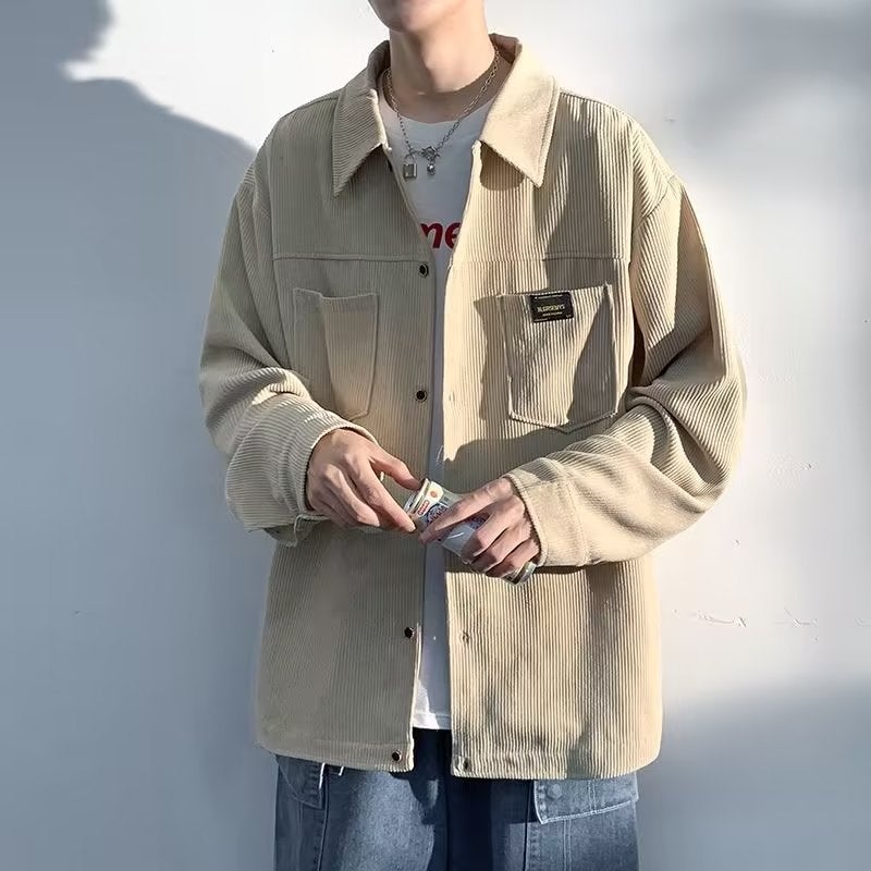 Hong Kong wind corduroy long sleeve shirt mens spring and autumn 24 new shirt coat tide brand casual coat a generation of hair apricot (yellow label)