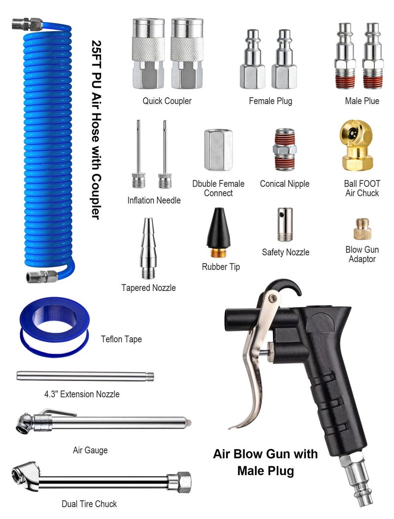 SARDVISA 22-Packs Air Compressor Accessories Kit, 25FT Upgrade Repairable PU Air Hose with 1/4'' NPT Air Tool Kit, Air Blow Gun/Air Chuck/Tire Gauge, Pneumatic Tool Set - Image 2