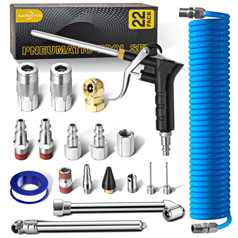 SARDVISA 22-Packs Air Compressor Accessories Kit, 25FT Upgrade Repairable PU Air Hose with 1/4'' NPT Air Tool Kit, Air Blow Gun/Air Chuck/Tire Gauge, Pneumatic Tool Set - Image 1