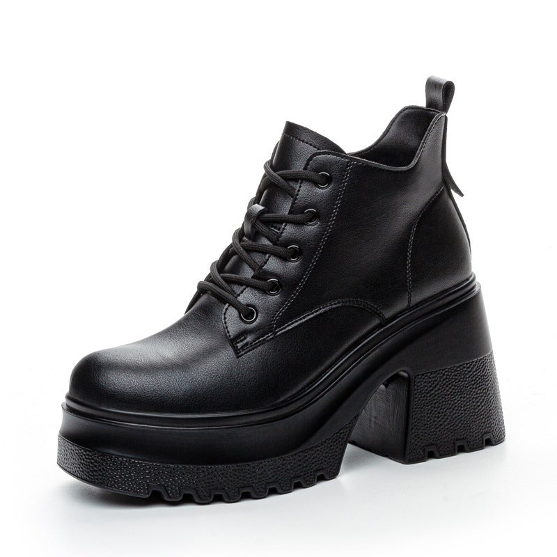 Autumn and Winter Womens Shoes New 10cm High-heeled Shoes Casual Short Boots Womens Martin Boots Lace-up All-match Single Cotton Shoes Black single