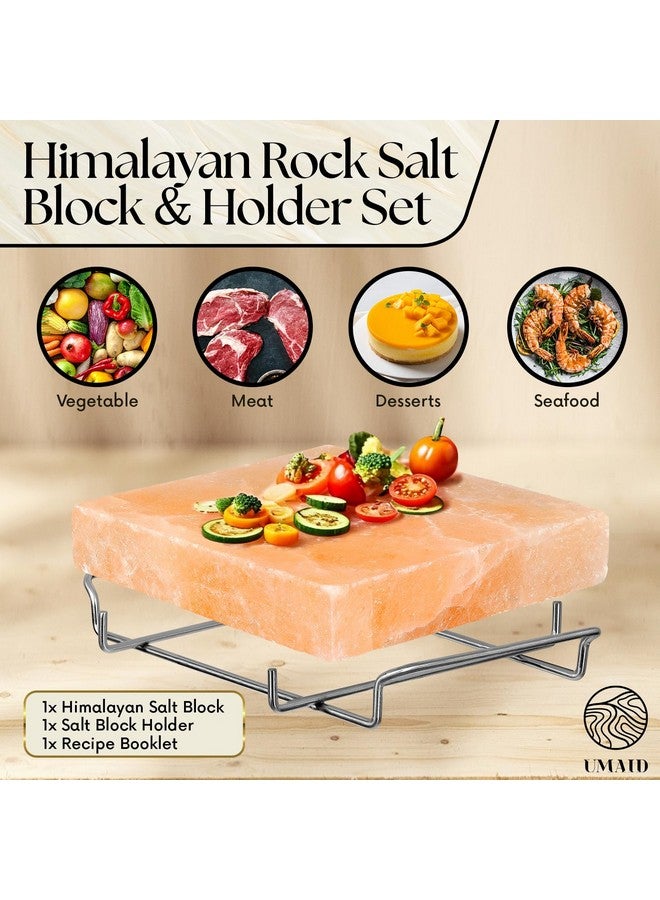 UmAid UMAID Himalayan Salt Block For Grilling, Cooking, Cutting and Serving,8X8X1.5 Food Grade Himalayan Pink Salt Stone on Stainless Steel Plate & Recipe Pamphlet, Unique Gifts for Men, Women, Chef, Cooks  - Image 3