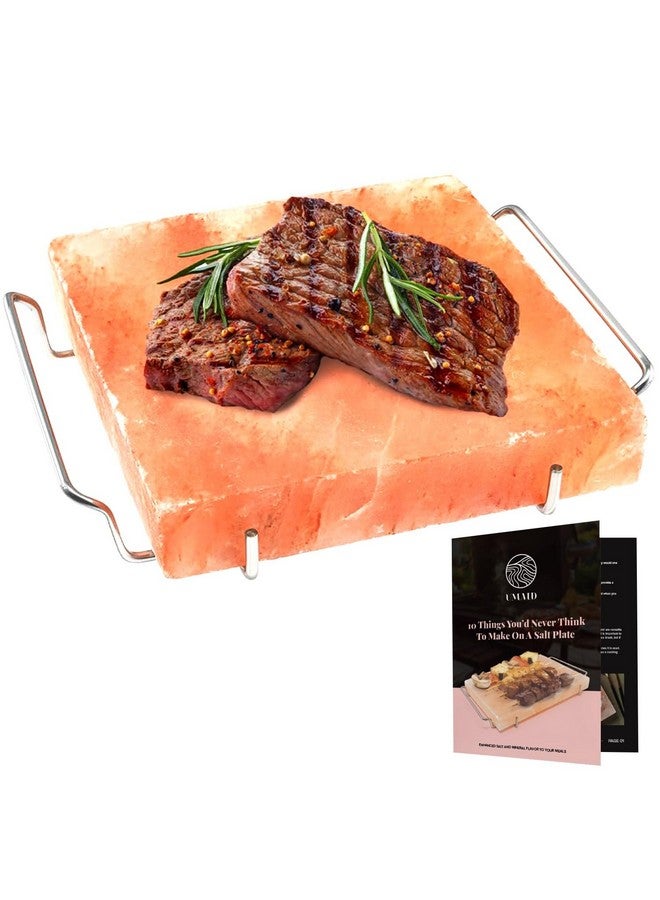 UmAid UMAID Himalayan Salt Block For Grilling, Cooking, Cutting and Serving,8X8X1.5 Food Grade Himalayan Pink Salt Stone on Stainless Steel Plate & Recipe Pamphlet, Unique Gifts for Men, Women, Chef, Cooks  - Image 1